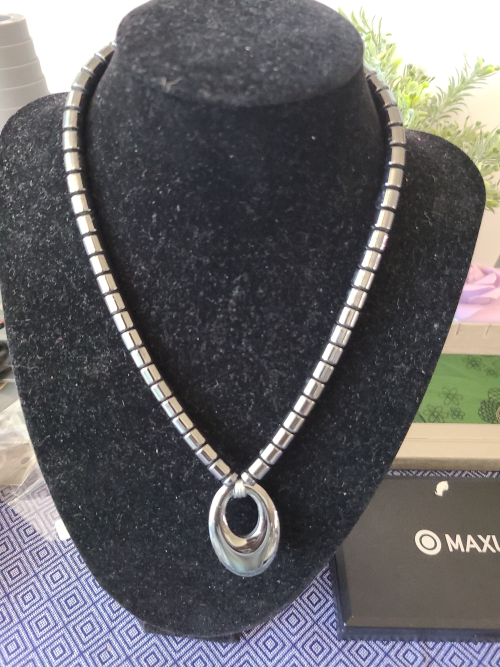 Grey Charcoal Hematite Beaded Necklace Oval Pendant